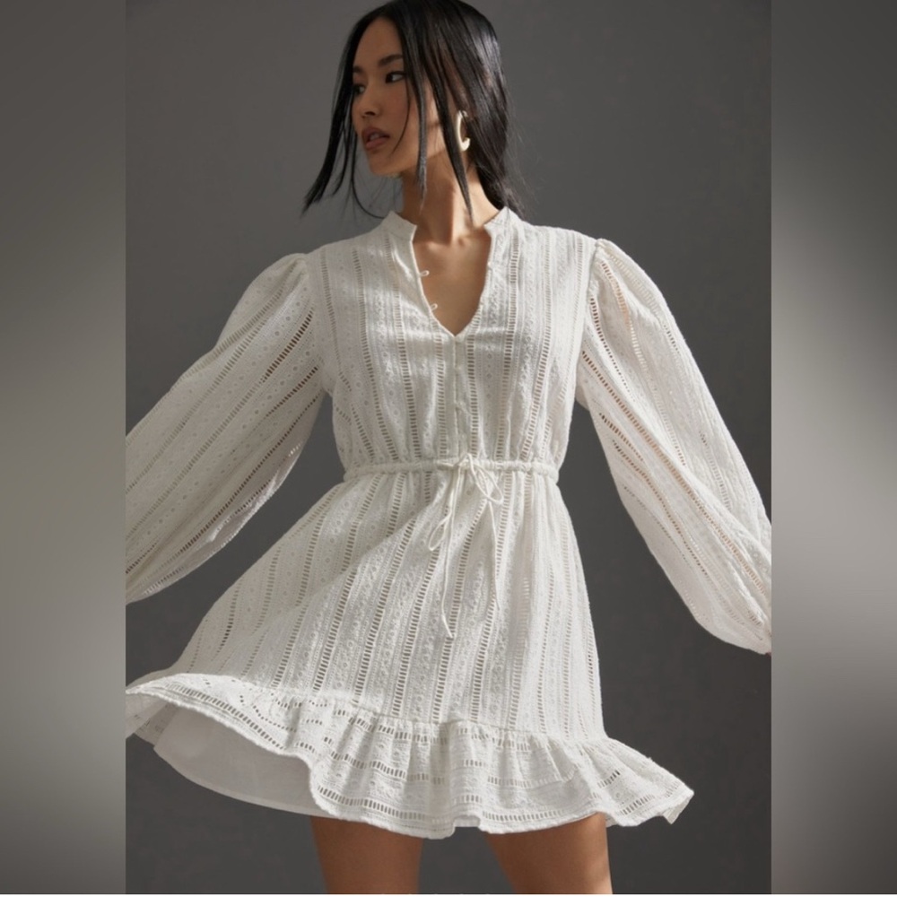 Women's White Eyelet Mini Dress with Tie Waist